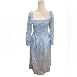 NEW Anthropologie OPT Midi Swuare Neck Long Sleeve blue and white floral dress